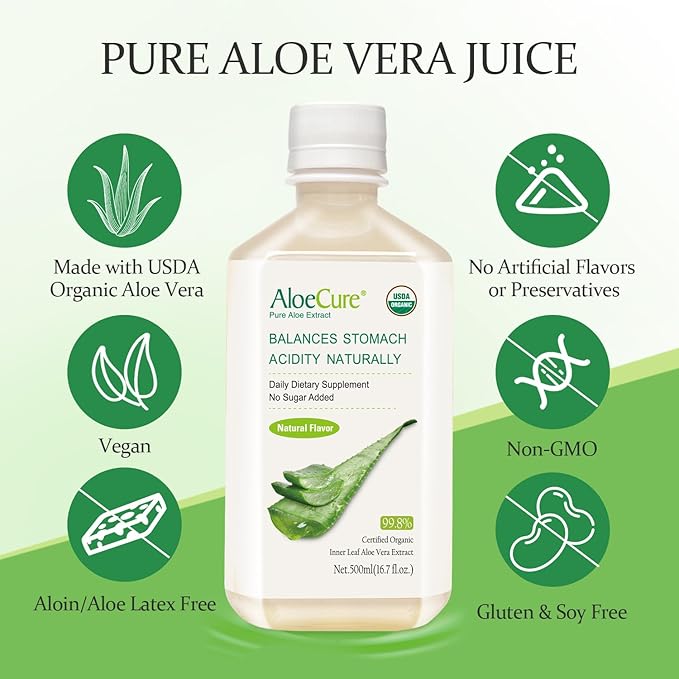 AloeCure USDA Organic Aloe Vera Juice Made Within 12 Hrs of Harvest - Pure Aloe Juice Natural Digestive Supplement to Support Digestion, Immune System and Balanced Stomach Acidity, 12 x 500ml Bottles