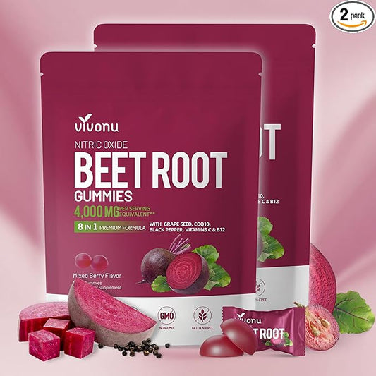 Super Beetroot Gummies 8-in-1 Premium Energy Supplement with CoQ10, Beetroot Extract, Grape Seed Extract, Black Pepper Extract, Vitamins C & B12, L-Arginine & L-Citrulline