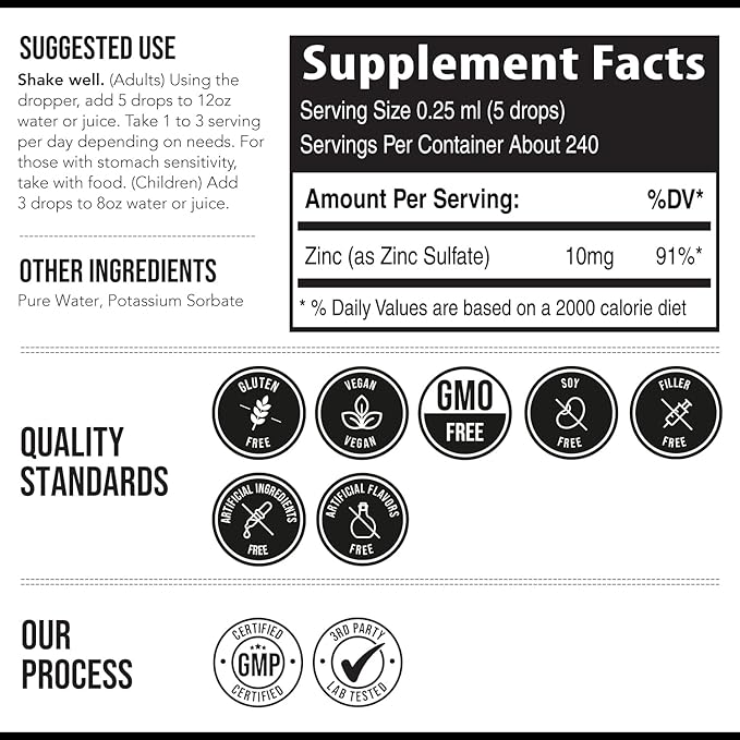 Ionic Liquid Zinc – 8 Month Supply, Adjustable Dosing for Adults – High Absorption, Vegan, Glass Bottle – Supports Immune System, Brain & Thyroid Health – Essential Mineral Supplement (2 oz)