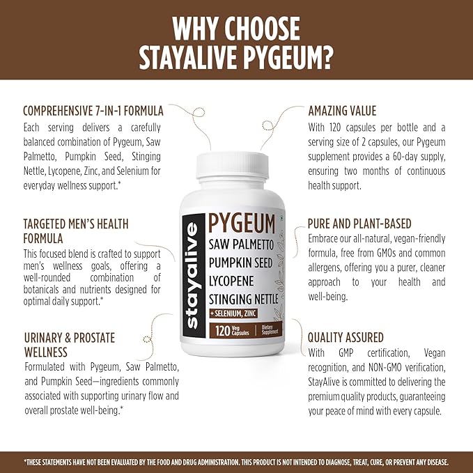 STAY ALIVE Pygeum Africanum Supplement, 7-in-1 Extract w/Saw Palmetto, Pumpkin Seed, Stinging Nettle and Lycopene, 120 Vegan Capsules, Non-GMO and Gluten-Free Pygeum Supplement for Men and Women