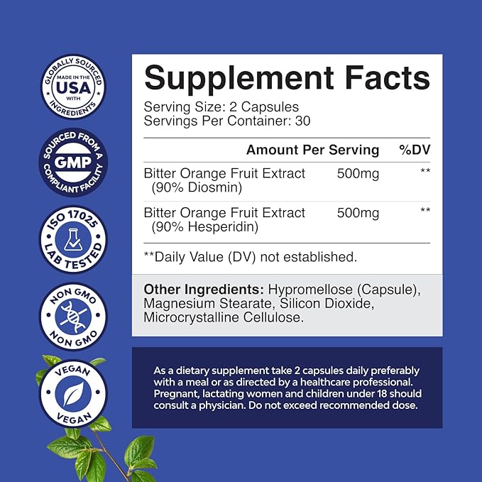 Diosmin Hesperidin 1000mg Complex for Adults - Bitter Orange Supplement for Varicose Veins Support, Leg & Feet Blood Health - Diosmin & Hesperidin Supplements from Citrus Aurantium - 60 Count