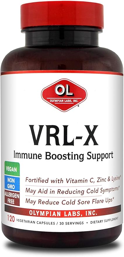 Olympian Labs VRL-X Advanced Immune Support, Vitamin C, Zinc & Lysine, May Aid in Cold Sore Relief, 120 Capsules