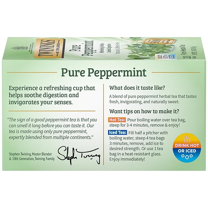 Twinings Pure Peppermint Individually Wrapped Tea Bags, 20 Count (Pack of 1), Fresh Minty Flavour, Naturally Caffeine Free, Enjoy Hot or Iced