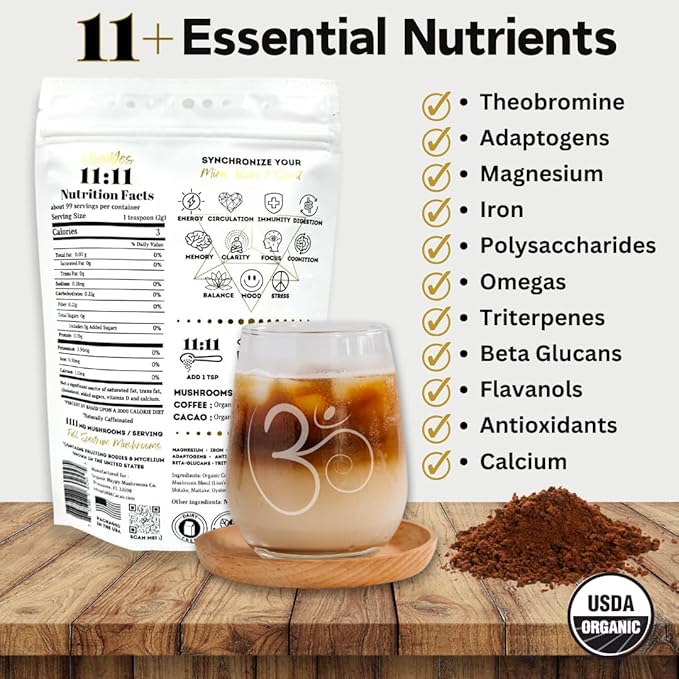 Ohmyes 11 Mushroom Coffee with Cacao – 11 USA Grown Adaptogenic Mushrooms for Focus, Clarity & Energy – Lion’s Mane, Reishi, Chaga + Nootropic Organic Superfood by OhmYes (7oz) - 99 Servings