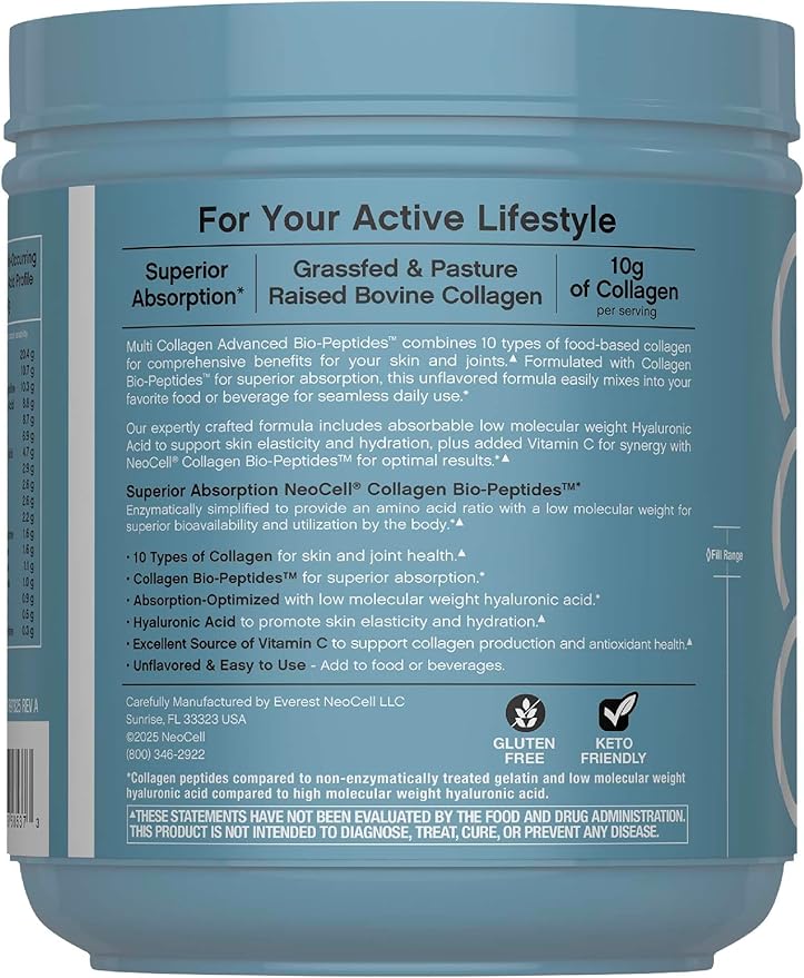 NeoCell Multi Collagen Bio-Peptides Powder | 22oz | Advanced with Hyaluronic Acid and Vitamin C | 10 Super Types of Collagen | Superior Absorption | Grassfed Protein Supplement |