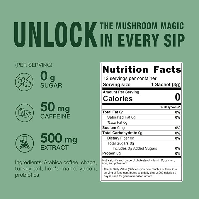 ECO-TASTE Mushroom Coffee Mix, Designed for Gut-Health with Chaga, Lion's Mane, Turkey Tail, Yacon and Probiotics – 12 Sachets