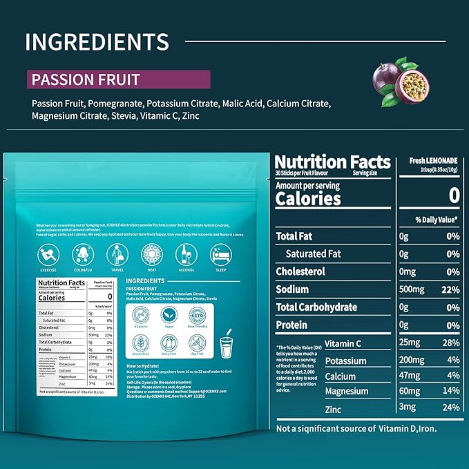 Electrolytes Powder Packets, 30 Sticks Hydration Packets Sugar Free, Electrolyte Drink Mix Portable Electrolyte Packets for Rapid Hydration, 0 Sugar & 0 Calorie, Passion Fruit Flavor