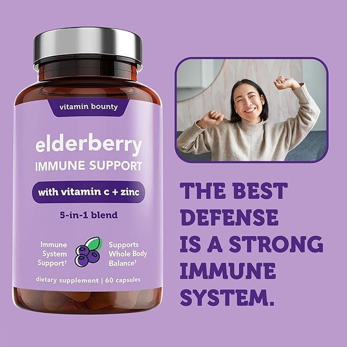 Vitamin Bounty Elderberry Organic Elderberry Capsules for Adults - Vitamin C and Zinc Supplement, & Echinacea, Immune System Support, Advanced 5-in-1 Blend, Non-GMO - 60 Capsules