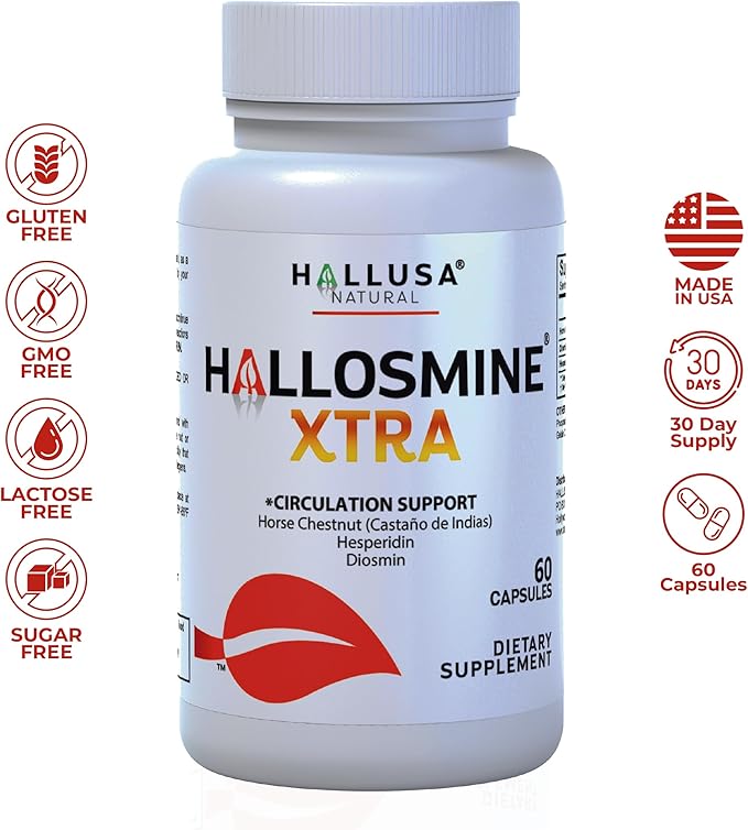 Hallosmine Diosmin Extra Circulation Support, Diosmin Hesperedin + Horse Chestnut Extract, Leg Circulation, Vein Support, Varicose Veins & Blood Circulation Supplement - 60 Caps, 30 Servings