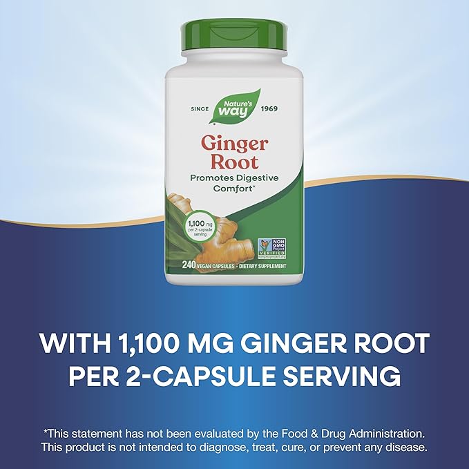 Nature's Way Ginger Root Capsules 550 mg per capsule, Digestive Comfort* Reduces Motion-Related Nausea*, 1,100 mg per 2 Capsules, Non-GMO Project Verified, Vegan, 240 Count (Packaging May Vary)