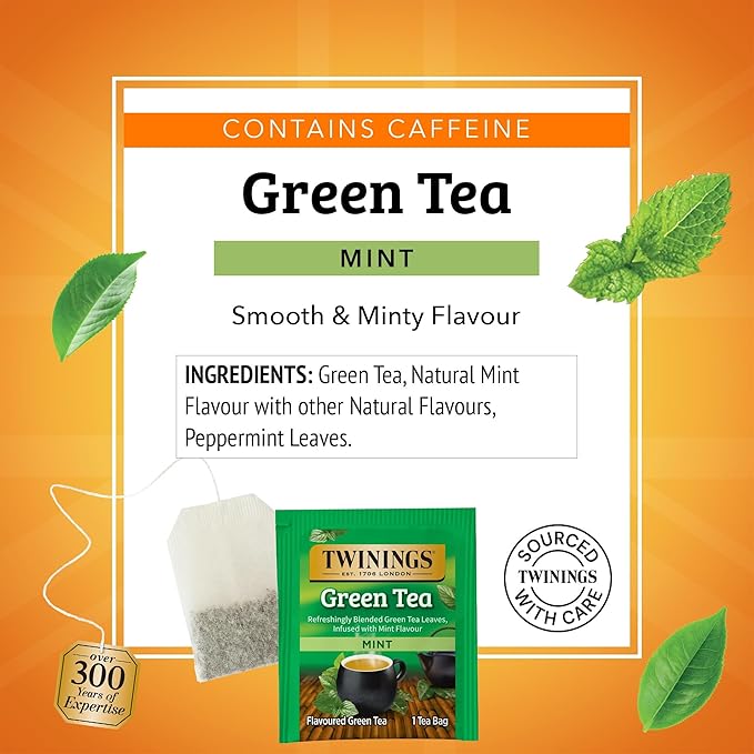 Twinings Green Tea with Mint Individually Wrapped Bags, 20 Count (Pack of 1), Invigorating Aroma, Caffeinated, Enjoy Hot or Iced, 20 Teabags
