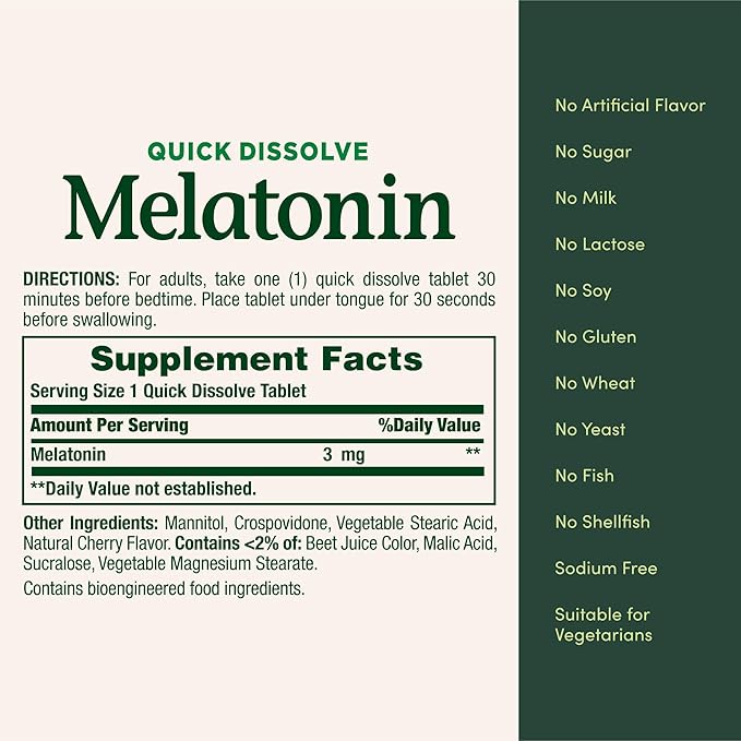 Nature's Bounty Melatonin 3mg Quick Dissolve, Sleep Aid Supplement, Sleep Aids for Adults, Cherry Flavor, 240 Count (Pack of 1), Package May Vary