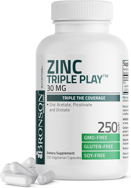 Bronson Zinc Triple Play 30mg Triple Coverage Immune Support with Zinc Acetate, Picolinate & Orotate - Immune, Antioxidant & Skin Health Support - 250 Vegetarian Capsules