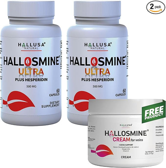 Hallosmine ULTRA Diosmin 500mg & Hesperidin 150mg + FREE Cream for Veins, Support for Circulation & Veins, Heavy Legs - Diosmin Hesperidin Horse Chestnut + Aloe Vera, 02 Bottles, 120 Caps + Cream 4 oz