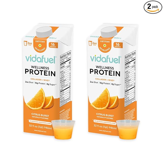 Protein Drink, 16g Protein per 2oz Shot, 32 fl oz Carton, 2 Pack, Citrus, Collagen and Whey Drink, No Artificial Sweeteners