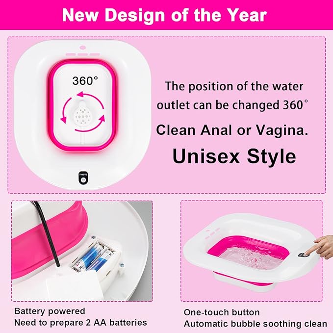 Electric Sitz Bath, Sitz Bath for Hemorrhoids, Sitz Bath for Postpartum Care, Toilet Seat Basin for Women, Yoni Hip Bath Pan, Sits Bath Soak Salts Bowl, Vaginal Wash Tub, Foldable, Pink