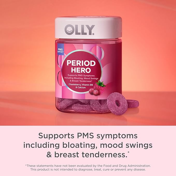 OLLY Period Hero Gummies, PMS Support Supplement,* Chasteberry, Vitamin B6, Calcium, Cran-Raspberry Flavor, 30 Day Supply - 60 Count