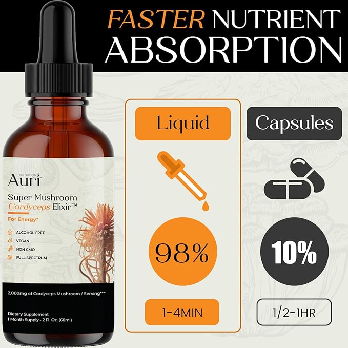 Auri Super Mushroom Cordyceps Elixir for Stamina, Natural Energy, Youthfulness and Longevity with Full Spectrum Support - Cordyceps Tincture 60 ml