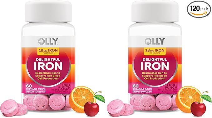 OLLY Delightful Iron Chewable Tablet, Iron Supplement from AB Fortis, Fruit Punch Flavor, 30 or 20 Day Supply - 60 Count (Pack of 2)