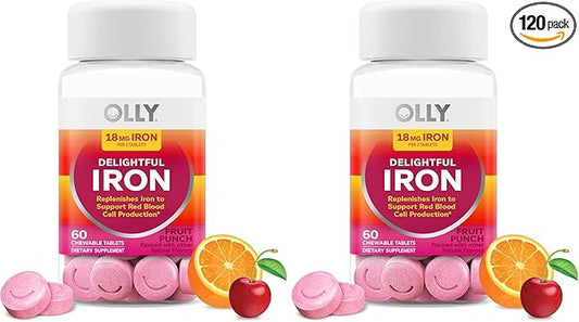 OLLY Delightful Iron Chewable Tablet, Iron Supplement from AB Fortis, Fruit Punch Flavor, 30 or 20 Day Supply - 60 Count (Pack of 2)