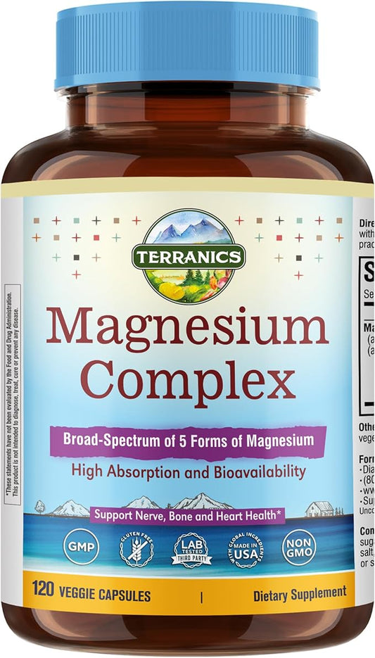 Terranics 5-in-1 Magnesium Complex Supplement 500mg - 5 Forms High Absorption Magnesium Glycinate Citrate Malate Aspartate Gluconate - Non-GMO 120 Vegan Magnesio Capsule for Sleep Muscle Heart Health