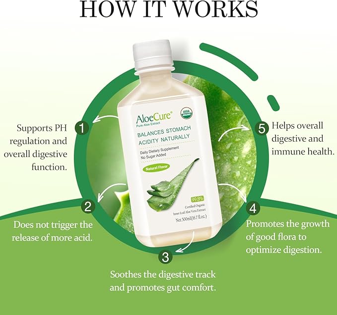 AloeCure USDA Organic Aloe Vera Juice Made Within 12 Hrs of Harvest - Pure Aloe Juice Natural Digestive Supplement to Support Digestion, Immune System and Balanced Stomach Acidity, 500ml Bottle