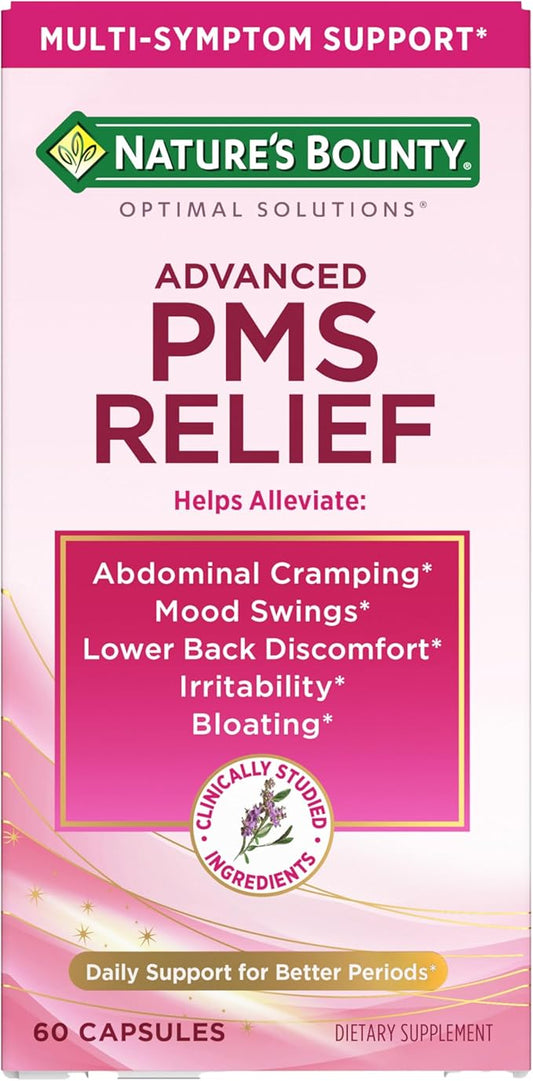 Nature’s Bounty Optimal Solutions Advanced PMS Relief for Menstrual Cycle Support, PMS Support Supplement for Women, Bloating Relief – Chasteberry, Hormone-Free, 60 Vegetarian Capsules