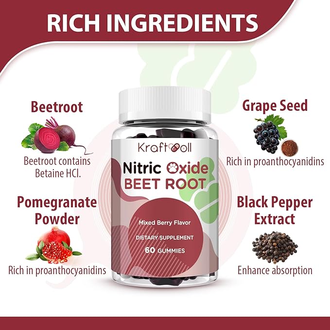Nitric Oxide Beet Root Gummies – Sugar-Free Beet Chewables, Mixed Berry Flavor with Grapeseed Powder, Pomegranate, Vitamin C & B12 – Nitric Oxide Supplements for Men – 60 Gummies (2 Bottles)