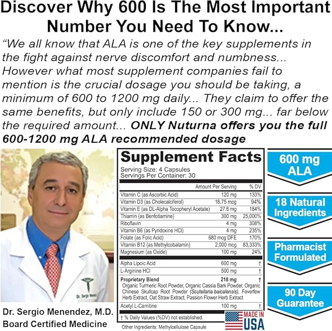 Neuropathy Support Nerve Supplement with 600 mg Pure Alpha Lipoic Acid - Maximum Strength Formula, Fortify Nerves in Fingers, Hands, Toes, & Feet - Best Peripheral Relief Support - 120 Capsules