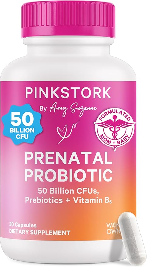 Pink Stork Prenatal Probiotics for Women - 50 Billion CFU, Vitamin B6, Prebiotics, Morning Sickness, Gut Microbiome, Pregnancy Probiotic, Immune Support, Pregnancy Must Haves - 30 Capsules