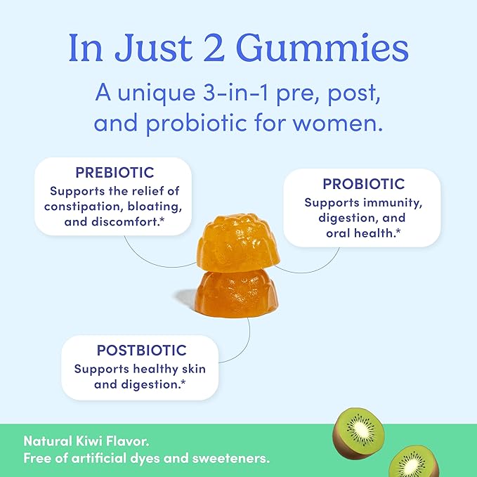 FIRST DAY Womens 3-in-1 Probiotic Gummies – Prebiotic + Probiotic + Postbiotic Supplement – Supports Digestive & Oral Health, Immune Function & Energy Levels – 30-Day Supply