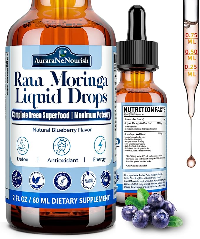 Organic Moringa Oleifera Leaf Liquid Drops, 100% Antioxidant Green Superfood Blend of Barley Grass, Wheatgrass for Energy Immune, 6X Absorption Stronger Than Moringa Capsules Powder Oil