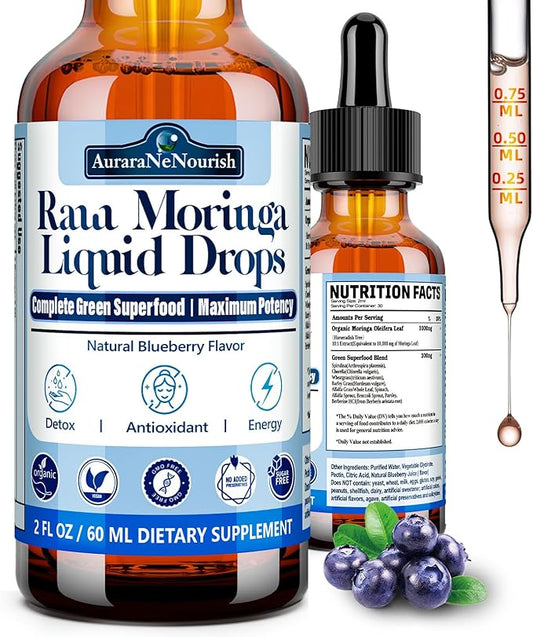 Organic Moringa Oleifera Leaf Liquid Drops, 100% Antioxidant Green Superfood Blend of Barley Grass, Wheatgrass for Energy Immune, 6X Absorption Stronger Than Moringa Capsules Powder Oil