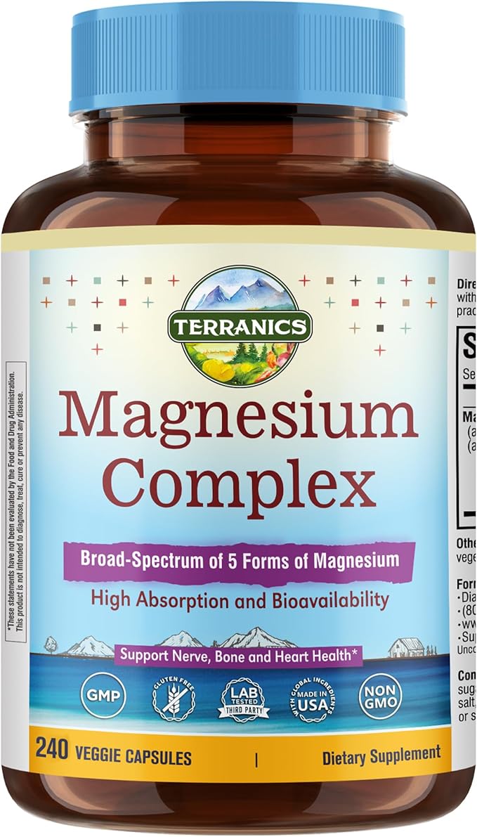 Terranics 5 in 1 Magnesium Complex Supplement 1000mg - 5 Forms High Absorption Magnesium Glycinate Citrate Malate Aspartate Gluconate for Sleep Heart Health - Non-GMO 240 Vegan Capsules