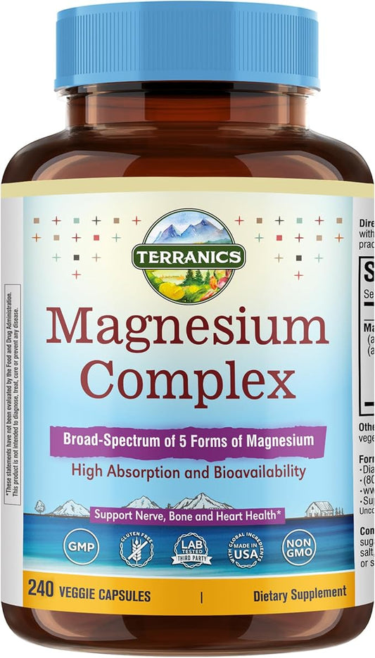 Terranics 5 in 1 Magnesium Complex Supplement 1000mg - 5 Forms High Absorption Magnesium Glycinate Citrate Malate Aspartate Gluconate for Sleep Heart Health - Non-GMO 240 Vegan Capsules