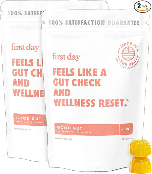 FIRST DAY Women’s Good Gut Tribiotic Gummies – 3-in-1 Prebiotic, Probiotic & Postbiotic Supplement – Supports Immune Function and Digestive, Oral, Skin & Vaginal Health – 60-Day Supply