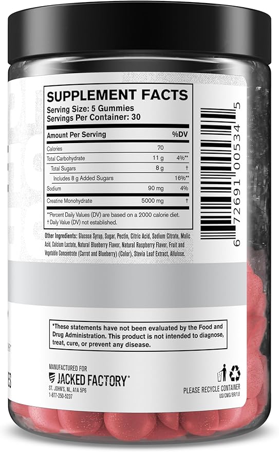 Jacked Factory Creatine Monohydrate Gummies 5g Daily Dose (1g per Gummy) - Creatine Gummy for Men and Women, Vegan-Friendly, Travel-Friendly, Third-Party Tested - 150 Gummies, Blue Raspberry