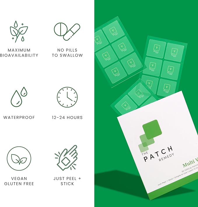 Multi V Patches - Topical Multi Plus Blend with D3, K2, Magnesium Chloride, Zinc, Liposomal C, Potassium, Iodide, Biotin Plus More | Nutrient Patch for Women & Men