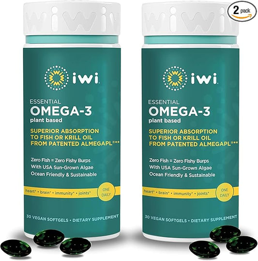 Iwi Omega-3 Essential, 60 Softgels (60 Servings), Plant-Based Algae Omega 3 with EPA + DHA, Brain, Heart & Immune Support Dietary Supplement, Krill & Fish Oil Alternative, No Fishy Aftertaste