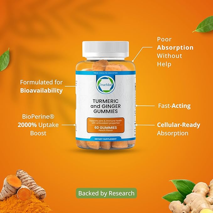 Turmeric and Ginger Supplement Gummies, Organic Turmeric Curcumin,95% Curcuminoids 5% Gingerols Root, Joint Health & Inflammation Support with Black Pepper Extract, Peach Flavor, USA Made -60 Count