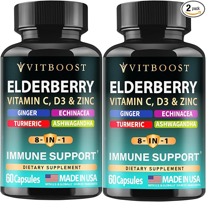 Elderberry Immune Support Supplement 8-in-1 Formula with Echinacea, Vitamin C & Zinc, Vitamin D 5000 IU, Turmeric, Ginger, Ashwagandha – 60 Capsules (Pack of 2)
