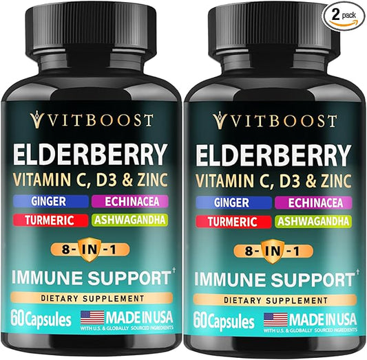 Elderberry Immune Support Supplement 8-in-1 Formula with Echinacea, Vitamin C & Zinc, Vitamin D 5000 IU, Turmeric, Ginger, Ashwagandha – 60 Capsules (Pack of 2)