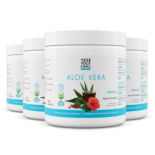 Yes You Can! Organic Aloe Vera Powder Drink Mix - Hydration Booster Infused with Pure Aloe Juice - Delicious Flavors - Made in USA - Antioxidant Rich - Hibiscus Flavor - 40 Servings Per Canister (4 Pack)