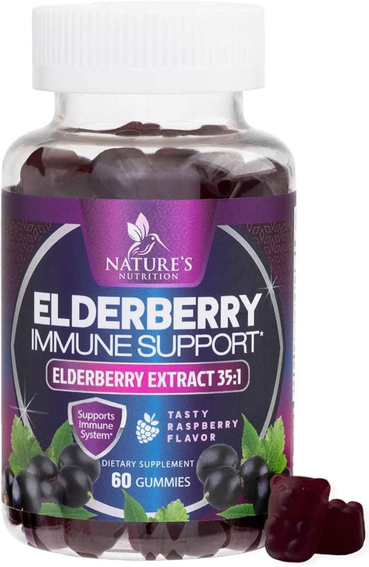 Elderberry Immune Support Gummies - Super Concentrated 35:1 Extract, Equivalent to 4200mg of Elderberries - Sambucus Black Elder Berry Vitamin Supplement, Daily Support for Kids & Adults - 60 Gummies