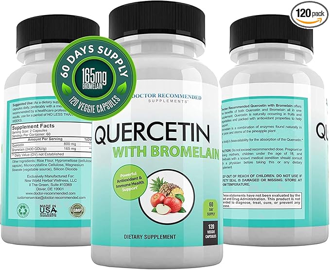 DOCTOR RECOMMENDED SUPPLEMENTS Quercetin 800mg w/Bromelain 165mg Per Serving- 120 Veggie Capsules-Full 60 Day Supply, Vitamin Supplement to Support & Bioflavonoids, Gluten Free, Non-GMO