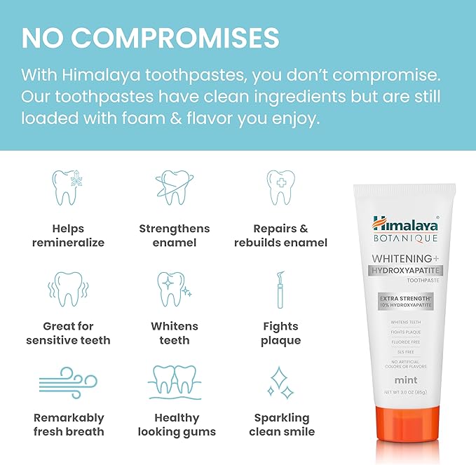 Himalaya Botanique Whitening + Extra Strength Hydroxyapatite Toothpaste - 10% Nano Hydroxyapatite to Support Remineralization & Restore Enamel to Strengthen Teeth - Vegan, Mint Flavor, 3 oz