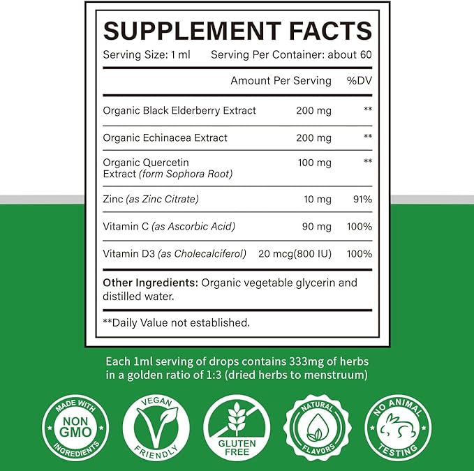 Zinc Quercetin Vitamin C D3 Liquid Immune Support with Organic Echinacea Elderberry, Immune Defense Drops Supplement for Adults- Vegan, Non-GMO, Gluten Free - 2 Fl Oz