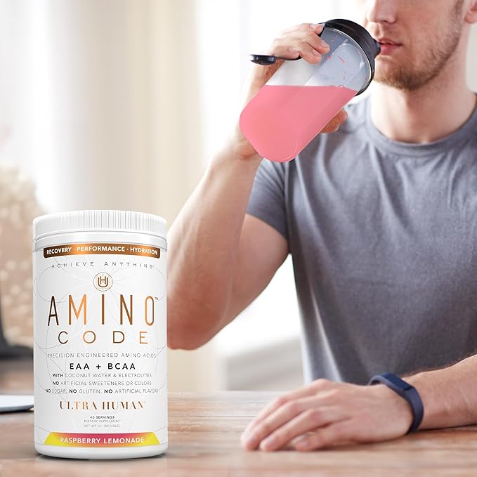 Ultra Human Amino Code | Essential Amino Acids + BCAAs + Coconut Water Electrolytes | Fast Hydration Workout Recovery Amino Energy Powder Drink | Clean Formula, 40 Servings - Raspberry Lemonade