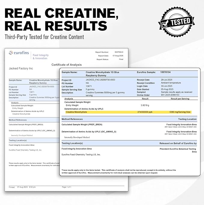 Jacked Factory Creatine Monohydrate Gummies 5g Daily Dose (1g per Gummy) - Creatine Gummy for Men and Women, Vegan-Friendly, Travel-Friendly, Third-Party Tested - 150 Gummies, Blue Raspberry