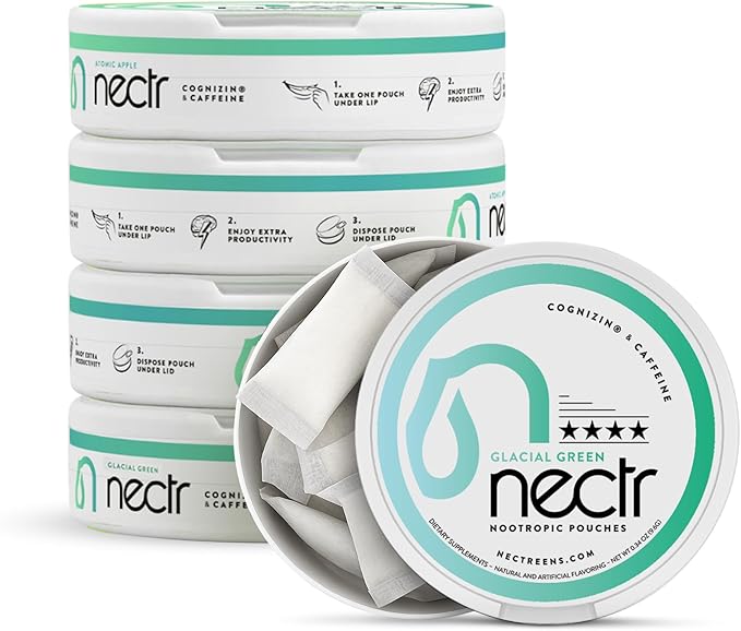 Nectr Energy Nootropic Pouches – Glacial Green Wintergreen Caffeine Pouches with Cognizin® Citicoline. Sugar-Free Brain Treats. Smooth, Sustained Focus & Energy Supplement - 5 Pucks of 16pcs